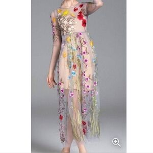 BLUEOXY Floral Embroidered Sheer Gray Mesh Dress Overlay - Size XS/S ** FLAWED